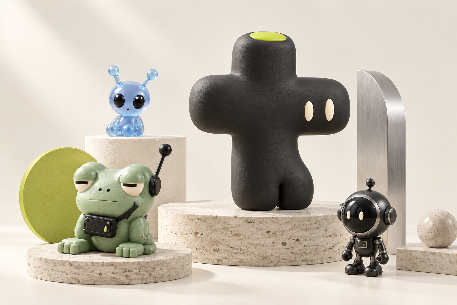 The TOY PAD mascot with a sage frog, little robot and blue visitor on sculptural studio plinths